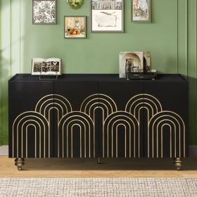 Modern Fluted Sideboard Buffet with Storage, Curve Element with Strict Lines, 4 Doors Storage Cabinet with Adjustable Shelves for Kitchen, Dining Room