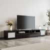 ON-TREND Rattan Style Entertainment Center with Push to Open Doors, 3-pics Extended TV Console Table for TVs Up to 90''