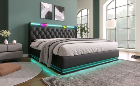 Full size Upholstered bed, 360 surround LED function, Buttons/Apps/Remote Control, hydraulic storage bed with USB Type-C charging, Black