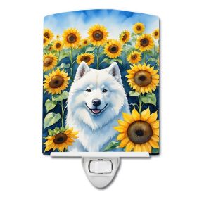 NEW Samoyed in Sunflowers Ceramic Night Light Compact, UL-Certified, Ideal for Bedroom, Bathroom, Nursery, Hallway, Kitchen, 6x4x3, Multicolor