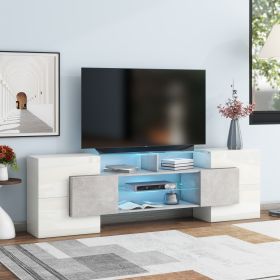 ON-TREND Unique Shape TV Stand with 2 Illuminated Glass Shelves, High Gloss Entertainment Center for TVs Up to 88"
