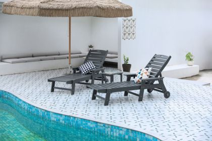 Set of 2 Lounge Chair Outdoor, Oversized Chaise Lounge Chair with 5 Positions, HDPE, Patio Lounge Chair with Wheels & Cup Holder for Pool, Deck
