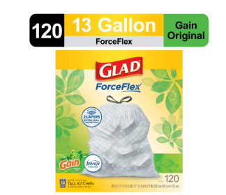 Glad ForceFlex Tall Kitchen Drawstring Trash Bags, 13 Gallon, Gain Original with Febreze Freshness, 120 Count
