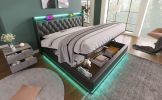 Full size Upholstered bed, 360 surround LED function, Buttons/Apps/Remote Control, hydraulic storage bed with USB Type-C charging, Black