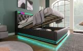 Full size Upholstered bed, 360 surround LED function, Buttons/Apps/Remote Control, hydraulic storage bed with USB Type-C charging, Black