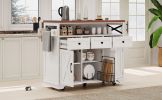 K&K 46.5'' Farmhouse Kitchen Island with Drape of Beads, Power Outlet, Rolling Kitchen Cart on Wheels with Drop Leaf, 3 Doors