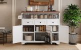 K&K 46.5'' Farmhouse Kitchen Island with Drape of Beads, Power Outlet, Rolling Kitchen Cart on Wheels with Drop Leaf, 3 Doors