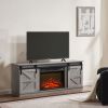 Fireplace TV Stand for Television up to 65 Inch with Storage and Farmhouse Sliding Barn Doors, Entertainment Center with Cabinet and Shelves,Grey