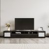 ON-TREND Rattan Style Entertainment Center with Push to Open Doors, 3-pics Extended TV Console Table for TVs Up to 90''