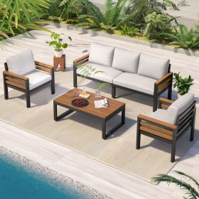 4-Piece Outdoor Furniture Sofa Set for 5 People with Acacia Wood Armrests (Color: as pic)
