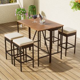 GO 5-Piece Outdoor Acacia Wood Bar Height Table And Four Stools With Cushions, Garden PE Rattan Wicker Dining Table, Foldable Tabletop (Color: as pic)